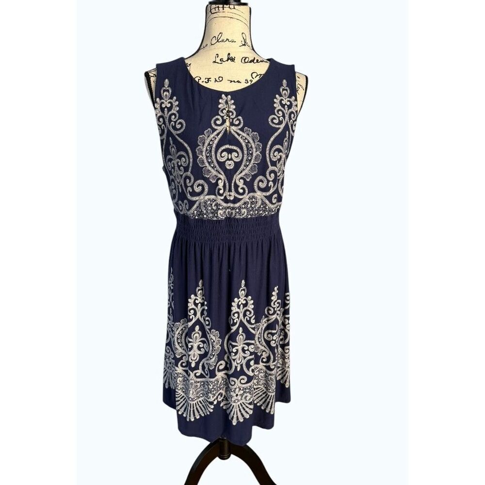 Soma Dress XL Blue White Sleeveless Embroidered Smocked Waist Knee Length